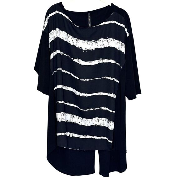 IC by Connie K Shirt Womens Large Black White Striped Oversized Tunic Made USA - Picture 1 of 6